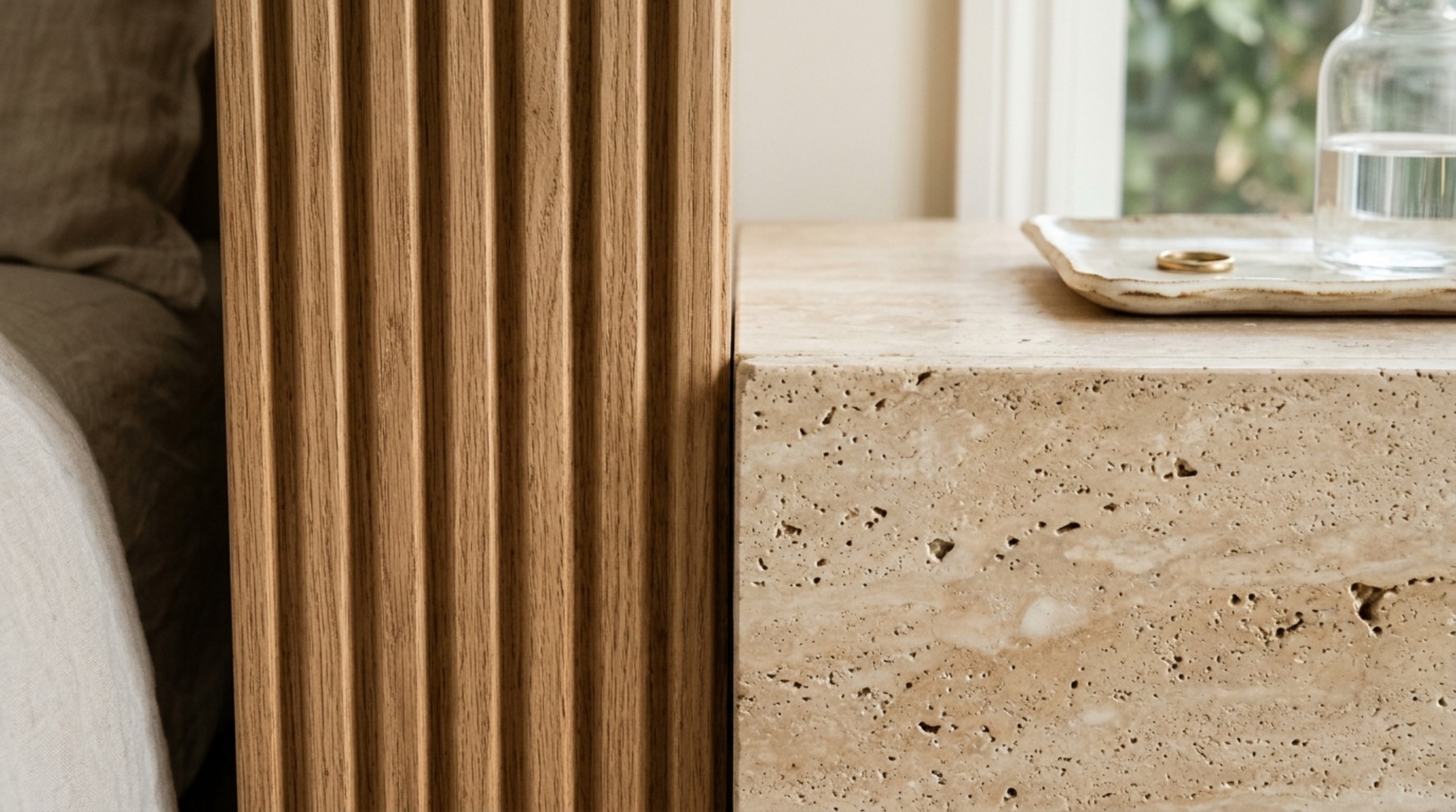 modern teen room decor showing a close-up of tactile grounding materials like honed travertine and ribbed wood textures. modern teen room decor showing a close-up of tactile grounding materials like honed travertine and ribbed wood textures.