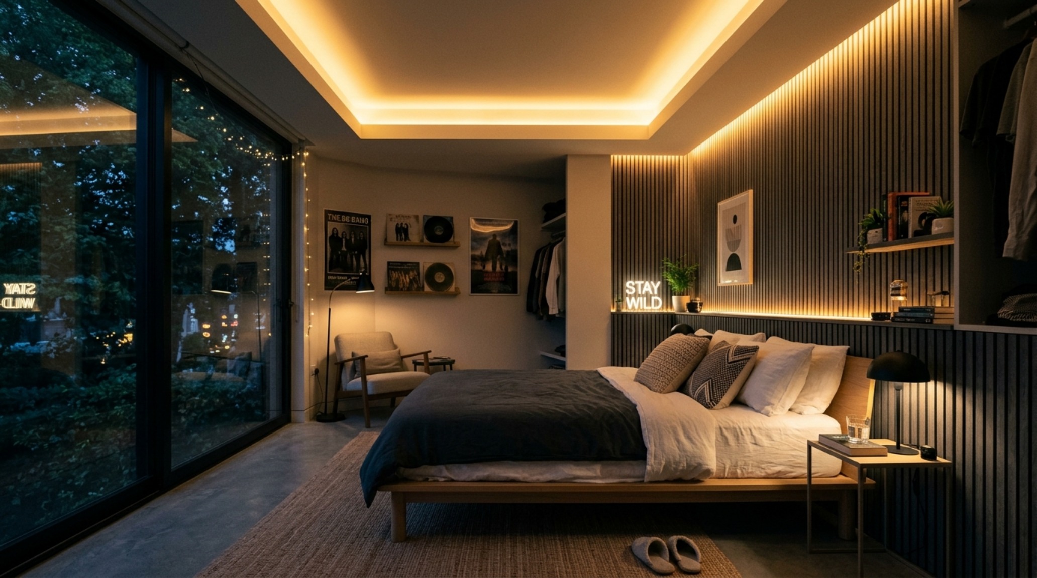 aesthetic bedroom color palettes displaying a warm ambient glow from 2700K hidden cove lighting against neutral plaster walls. aesthetic bedroom color palettes displaying a warm ambient glow from 2700K hidden cove lighting against neutral plaster walls.