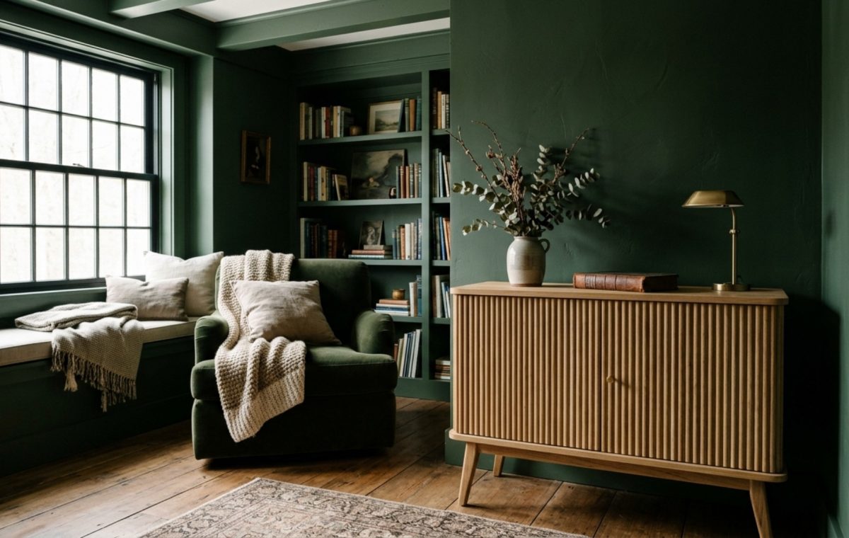 A compact home library with deep forest green walls and built-in shelving, illustrating how dark paint color rooms decor ideas create an illusion of depth.