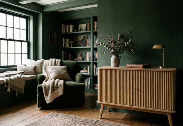 A compact home library with deep forest green walls and built-in shelving, illustrating how dark paint color rooms decor ideas create an illusion of depth.