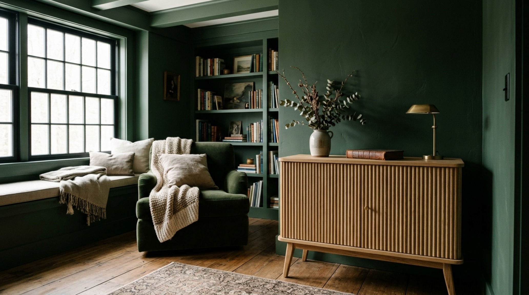 A compact home library with deep forest green walls and built-in shelving, illustrating how dark paint color rooms decor ideas create an illusion of depth. A compact home library with deep forest green walls and built-in shelving, illustrating how dark paint color rooms decor ideas create an illusion of depth.
