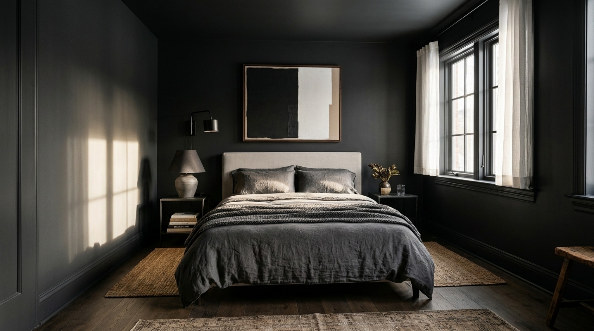 An editorial shot of a monochromatic small bedroom featuring 'color drenching' in a dark slate gray, with the ceiling and trim matching the walls. An editorial shot of a monochromatic small bedroom featuring 'color drenching' in a dark slate gray, with the ceiling and trim matching the walls.