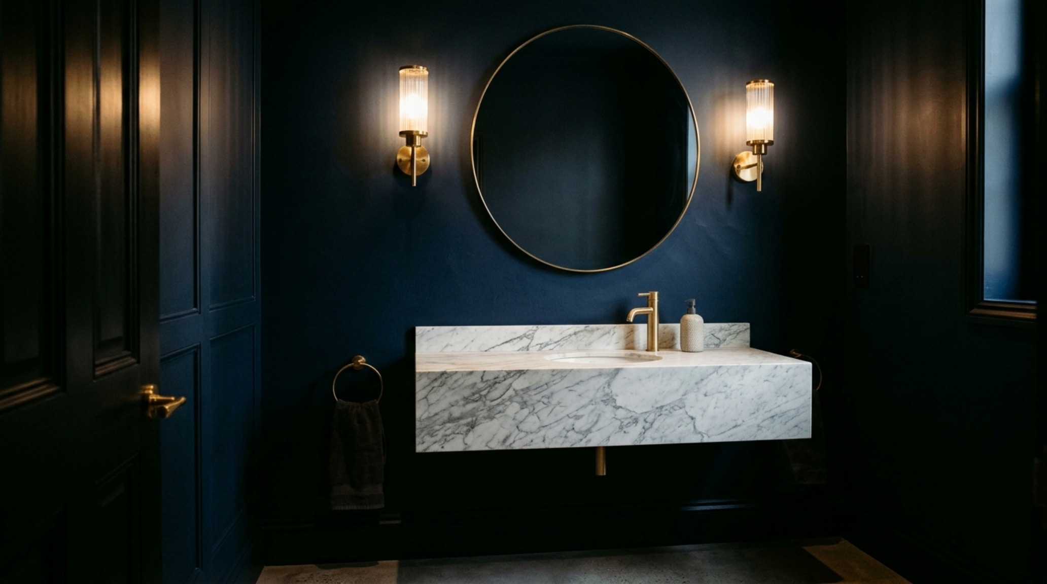 A moody powder room with dark navy walls, a honed travertine vanity, and warm brass fixtures showcasing high-end architectural color drenching techniques. A moody powder room with dark navy walls, a honed travertine vanity, and warm brass fixtures showcasing high-end architectural color drenching techniques.