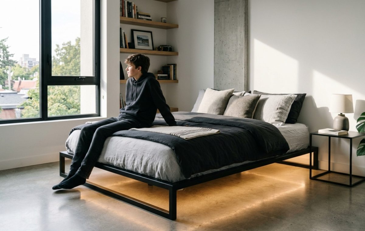 teen boy beds featuring a minimalist low-profile platform in blackened steel with integrated warm LED under-lighting and 2700K ambient glow.