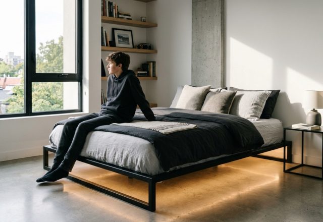 teen boy beds featuring a minimalist low-profile platform in blackened steel with integrated warm LED under-lighting and 2700K ambient glow.