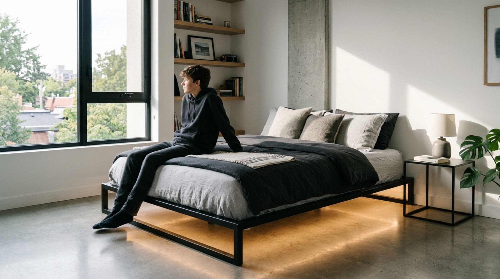 teen boy beds featuring a minimalist low-profile platform in blackened steel with integrated warm LED under-lighting and 2700K ambient glow. teen boy beds featuring a minimalist low-profile platform in blackened steel with integrated warm LED under-lighting and 2700K ambient glow.