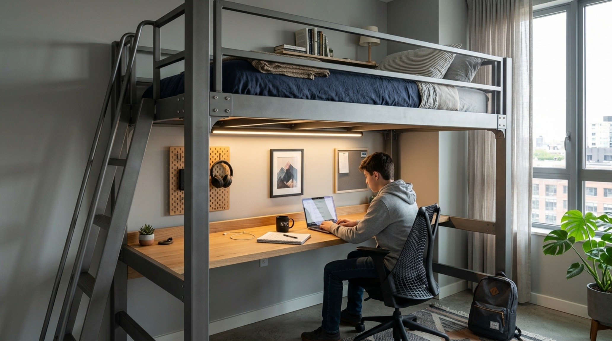 loft beds with desk for teens designed with a heavy-gauge aluminum frame, integrated 30-inch height oak desk, and overhead linear 3000K task lighting. loft beds with desk for teens designed with a heavy-gauge aluminum frame, integrated 30-inch height oak desk, and overhead linear 3000K task lighting.