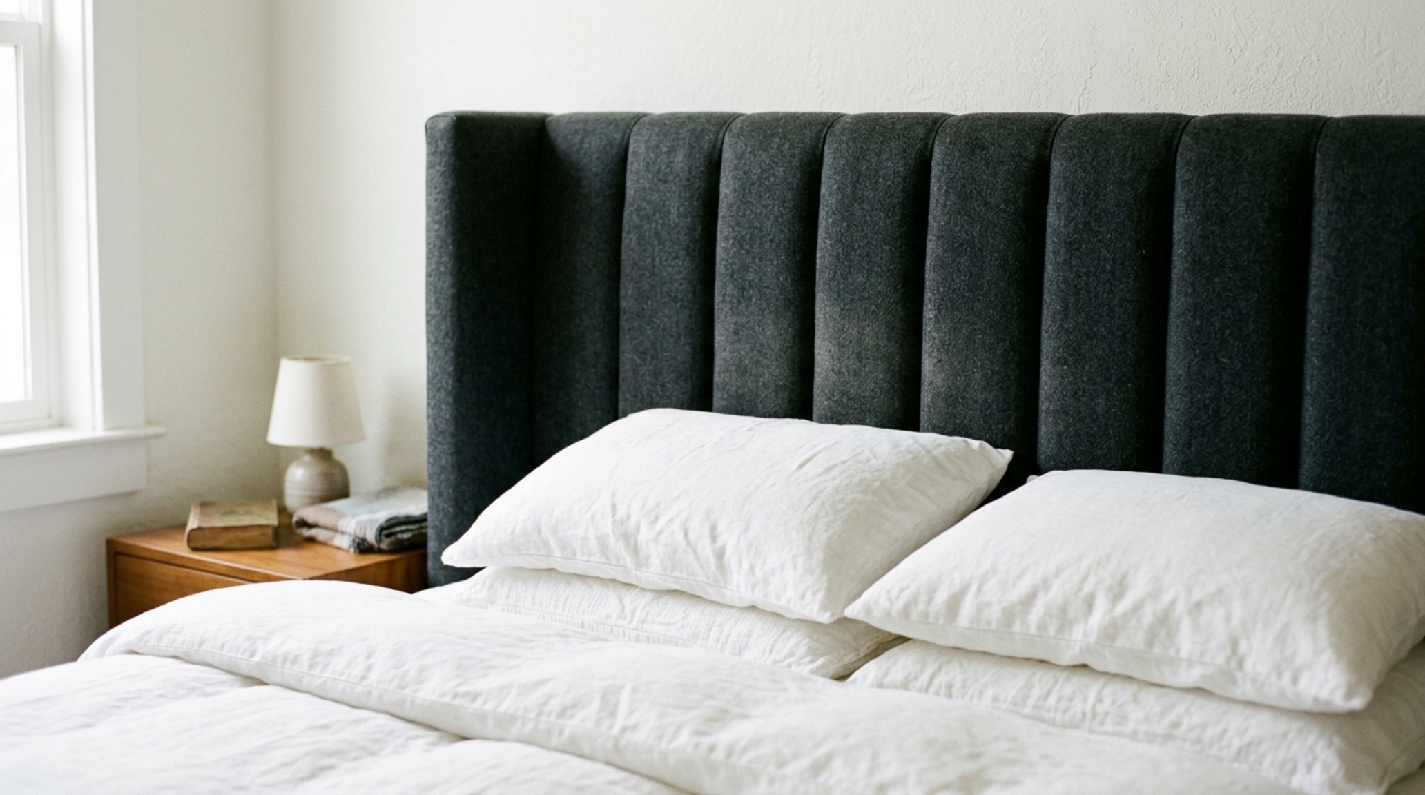masculine upholstered headboards in deep charcoal wool with vertical channeling, paired with a full-size frame and crisp white linen bedding. masculine upholstered headboards in deep charcoal wool with vertical channeling, paired with a full-size frame and crisp white linen bedding.