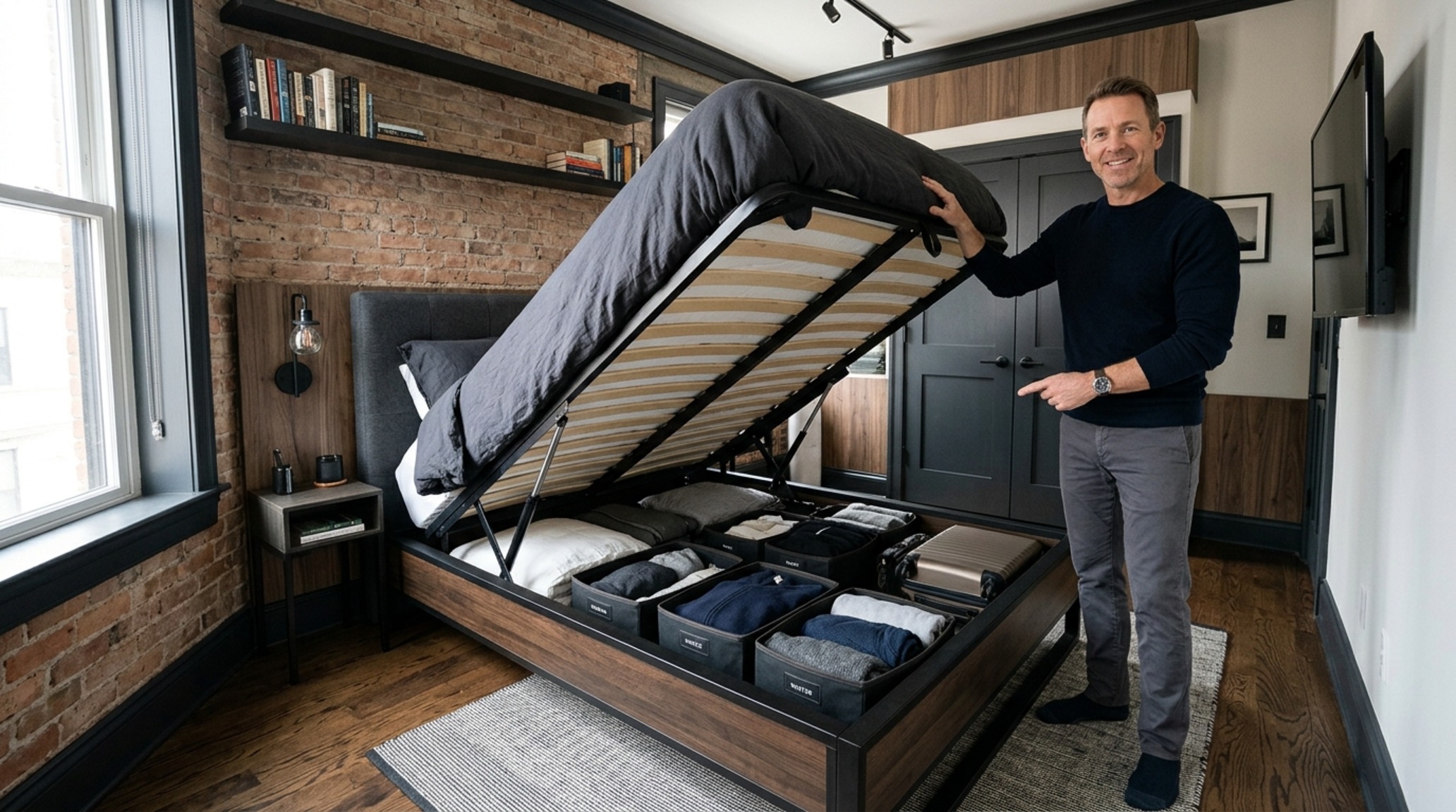 storage beds for small rooms utilizing a hydraulic gas-lift mechanism to reveal hidden under-mattress storage for sports equipment and tech gear. storage beds for small rooms utilizing a hydraulic gas-lift mechanism to reveal hidden under-mattress storage for sports equipment and tech gear.