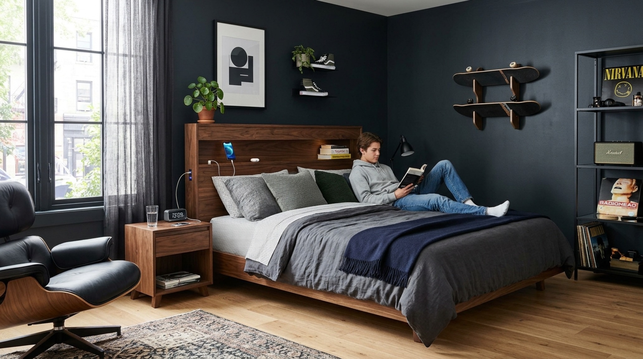 cool beds for teenage guys showcased in a corner lounge configuration with integrated USB-C charging ports and a walnut wood headboard shelf. cool beds for teenage guys showcased in a corner lounge configuration with integrated USB-C charging ports and a walnut wood headboard shelf.