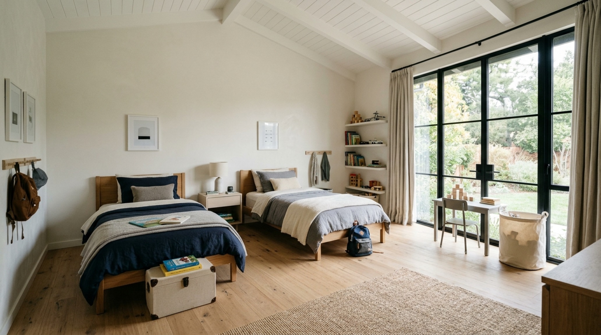 full size beds for boys placed strategically to maintain a 36-inch circulation path in a modern room with Farrow and Ball Railings paint. full size beds for boys placed strategically to maintain a 36-inch circulation path in a modern room with Farrow and Ball Railings paint.
