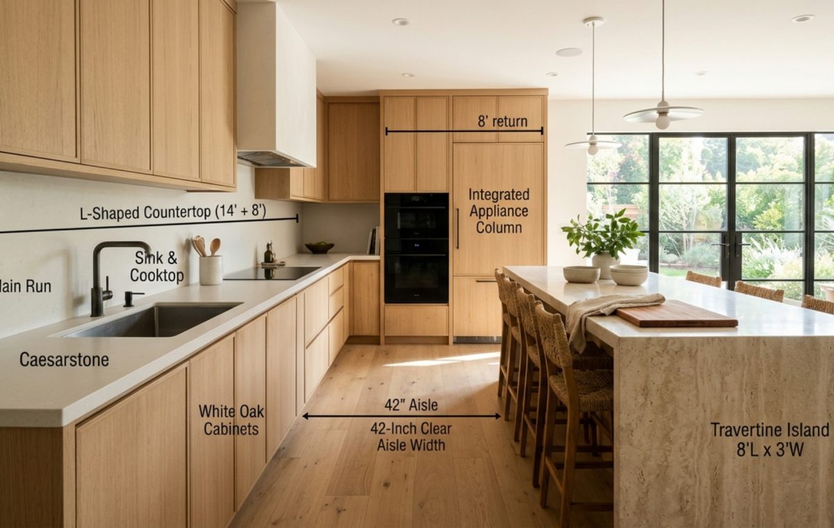 l shaped kitchen dimensions and clearances showing 42-inch walkways and honed stone countertops in a sun-drenched modern home.