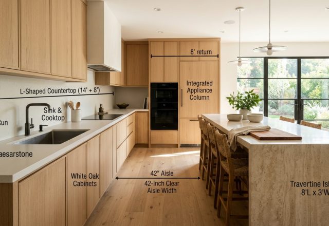 l shaped kitchen dimensions and clearances showing 42-inch walkways and honed stone countertops in a sun-drenched modern home.