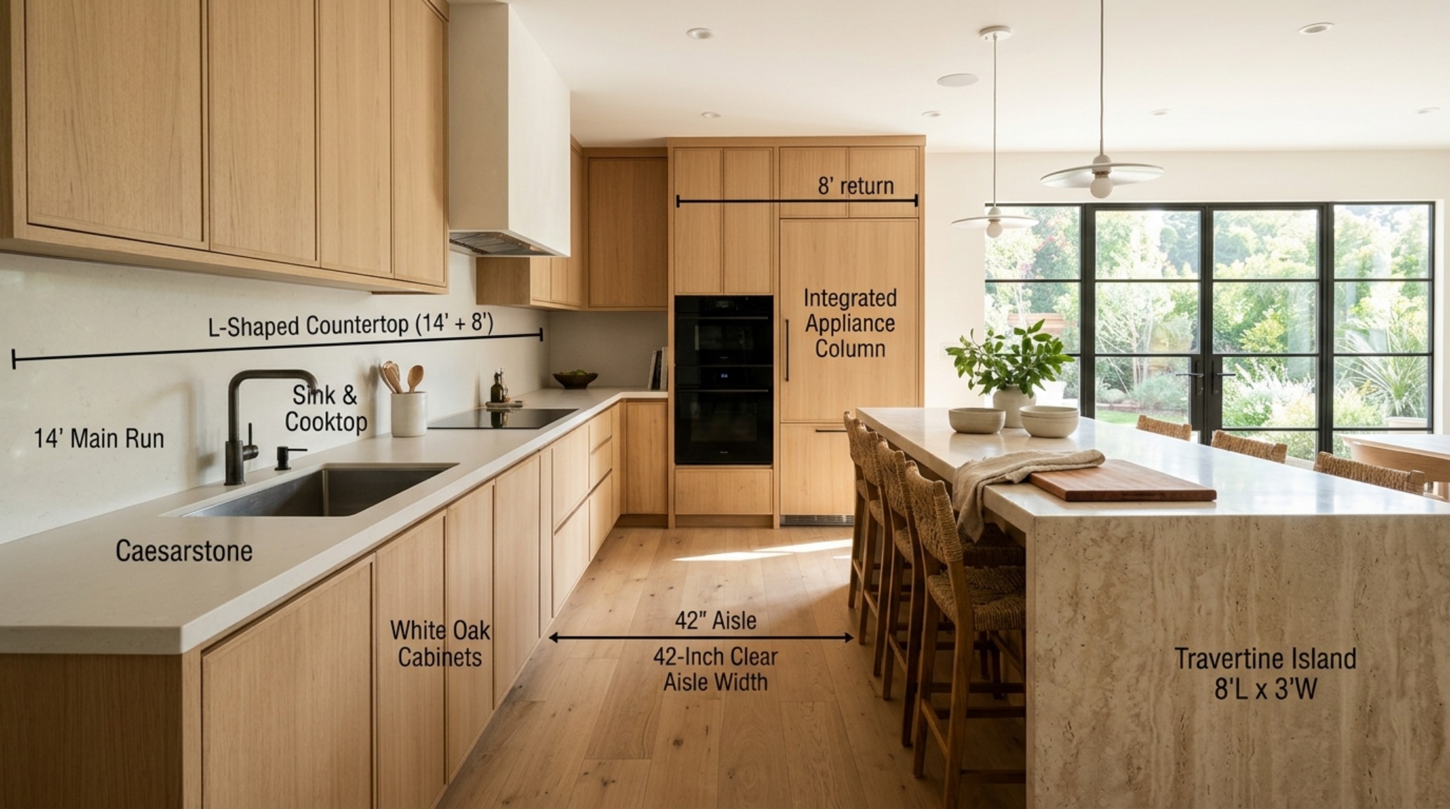 l shaped kitchen dimensions and clearances showing 42-inch walkways and honed stone countertops in a sun-drenched modern home. l shaped kitchen dimensions and clearances showing 42-inch walkways and honed stone countertops in a sun-drenched modern home.