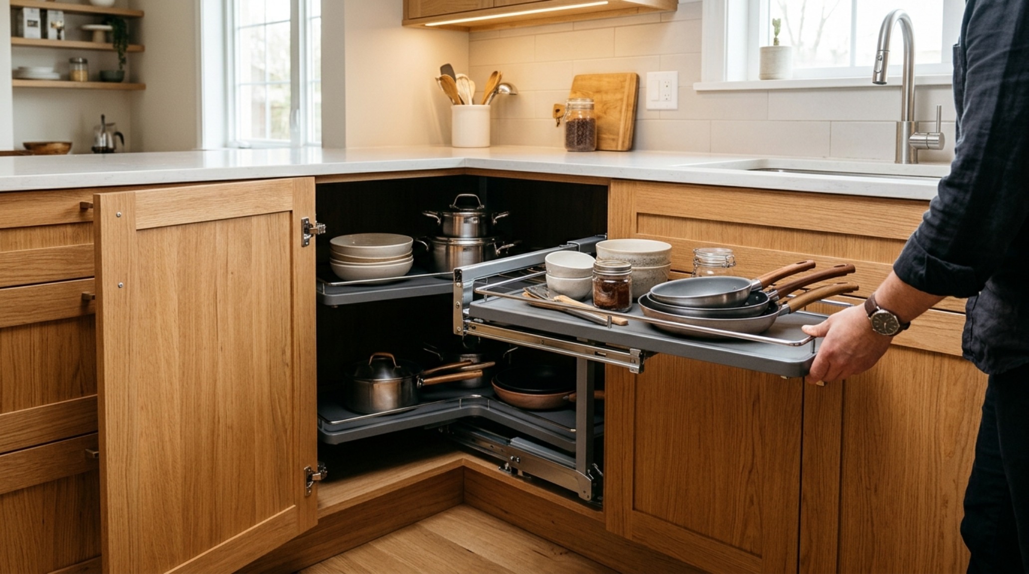 blind corner cabinet storage ideas featuring a curved wood swing-out tray in a custom white oak kitchen corner. blind corner cabinet storage ideas featuring a curved wood swing-out tray in a custom white oak kitchen corner.