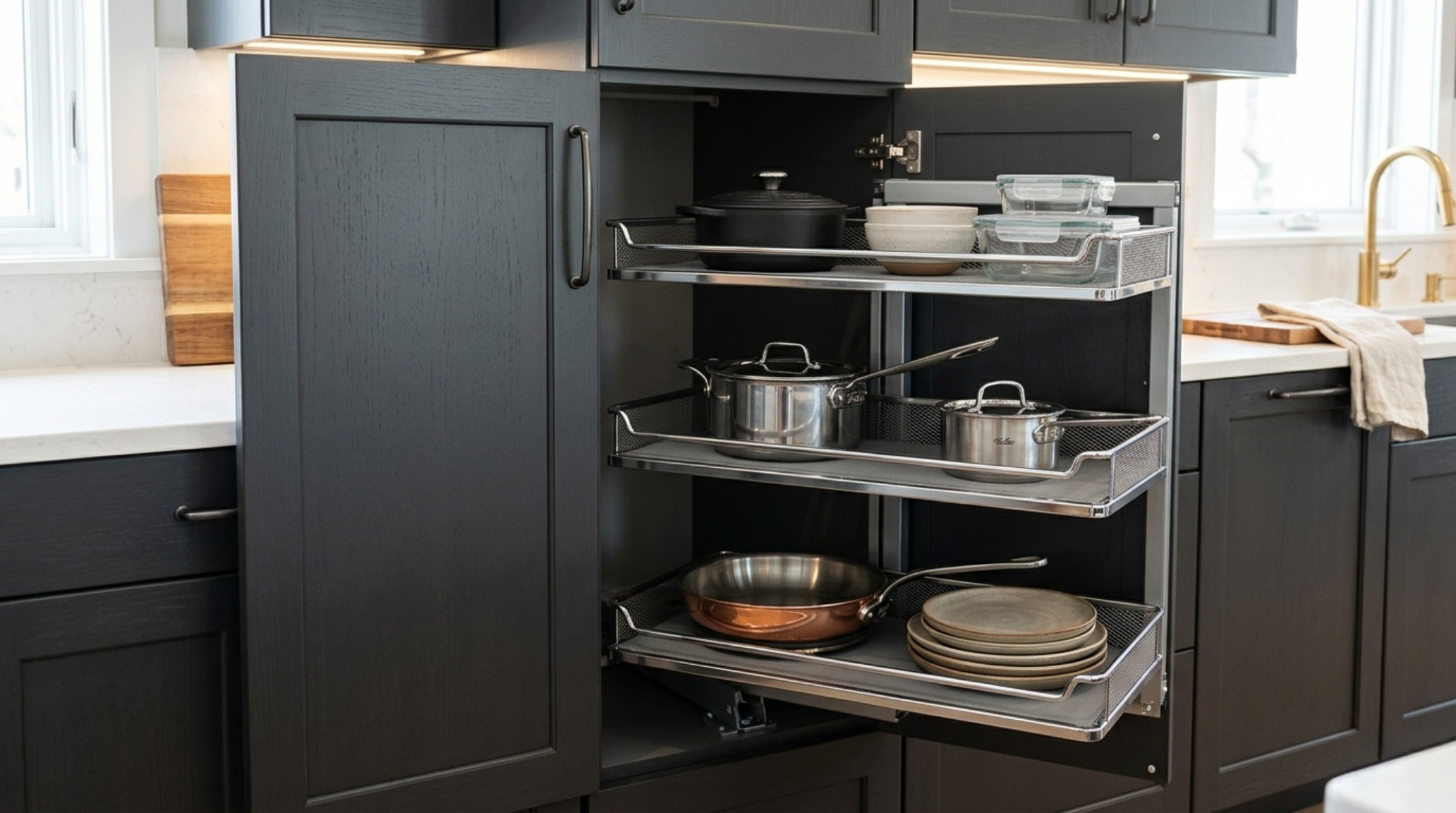blind corner cabinet storage ideas utilizing a high-end chrome pull-out system within a minimalist grey lacquer kitchen. blind corner cabinet storage ideas utilizing a high-end chrome pull-out system within a minimalist grey lacquer kitchen.