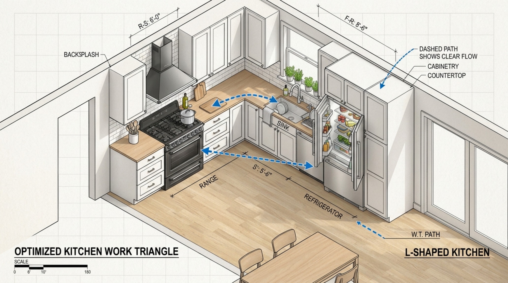 kitchen work triangle optimization with a strategic placement of a matte black range and a deep apron-front sink in an L-shaped layout. kitchen work triangle optimization with a strategic placement of a matte black range and a deep apron-front sink in an L-shaped layout.