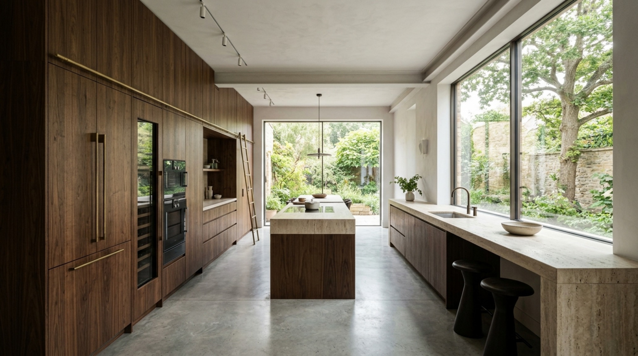 asymmetrical kitchen layout design showcasing a full-height pantry wall contrasted with a window-facing prep run. asymmetrical kitchen layout design showcasing a full-height pantry wall contrasted with a window-facing prep run.