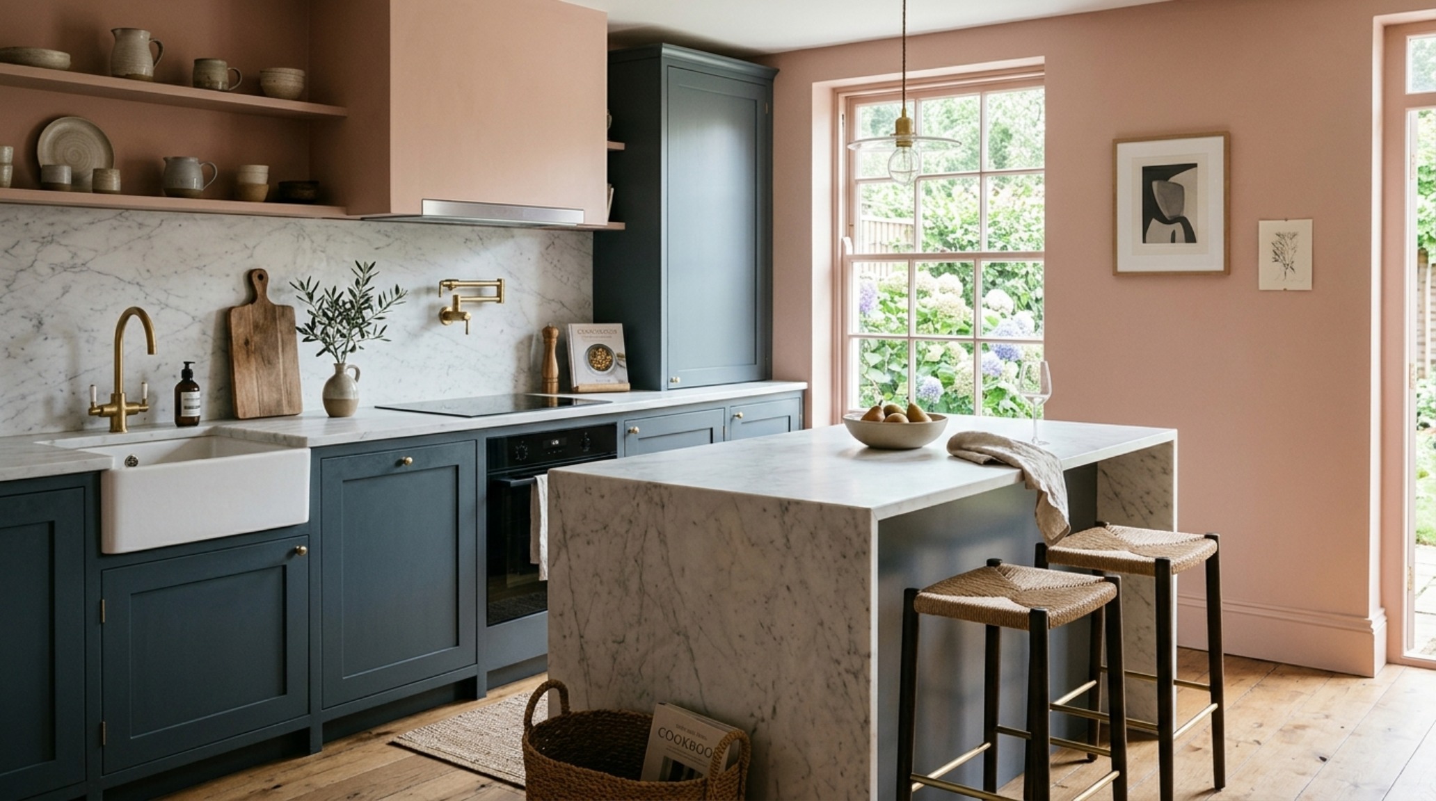 small l shaped kitchen with island and integrated seating, highlighting the use of Farrow & Ball Setting Plaster on the surrounding walls. small l shaped kitchen with island and integrated seating, highlighting the use of Farrow & Ball Setting Plaster on the surrounding walls.