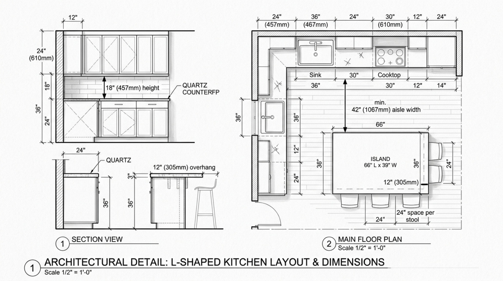 l shaped kitchen dimensions and clearances for an ADA-compliant contemporary space with wide circulation paths. l shaped kitchen dimensions and clearances for an ADA-compliant contemporary space with wide circulation paths.