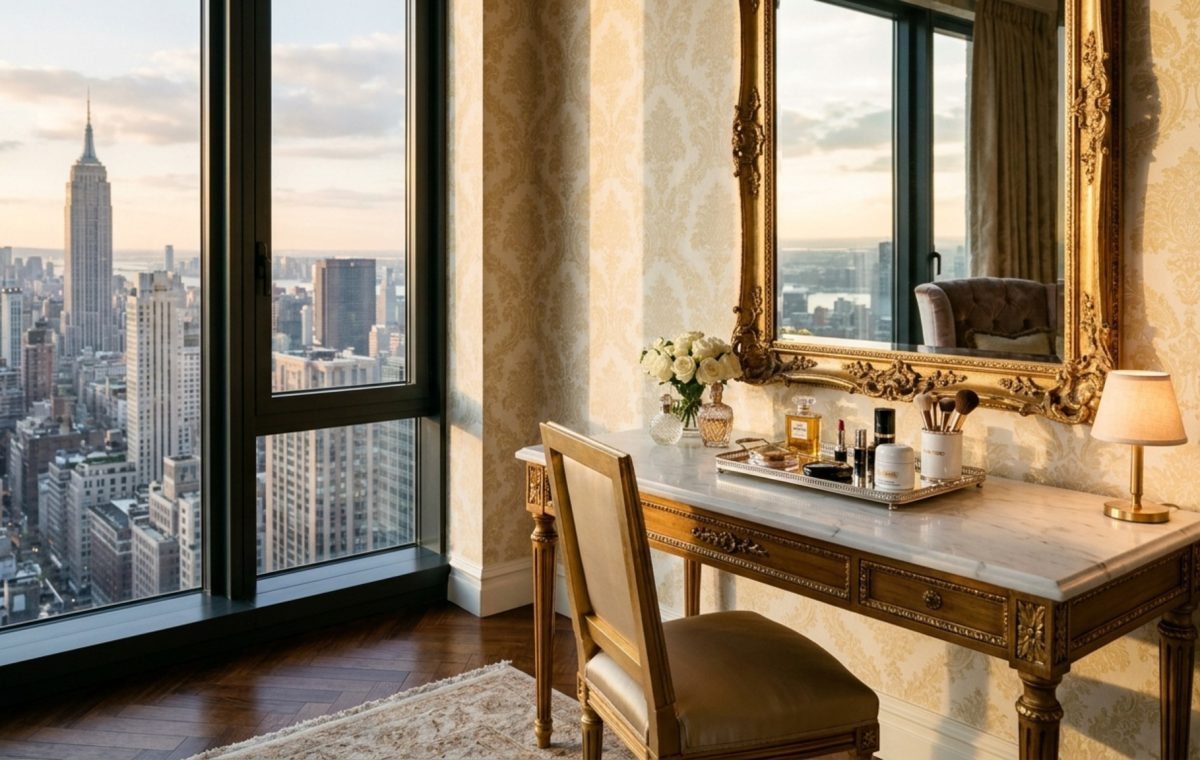 Gossip Girl interior design analysis featuring a Louis XVI mahogany vanity with a honed marble top and 3000K professional task lighting for an ergonomic morning routine.
