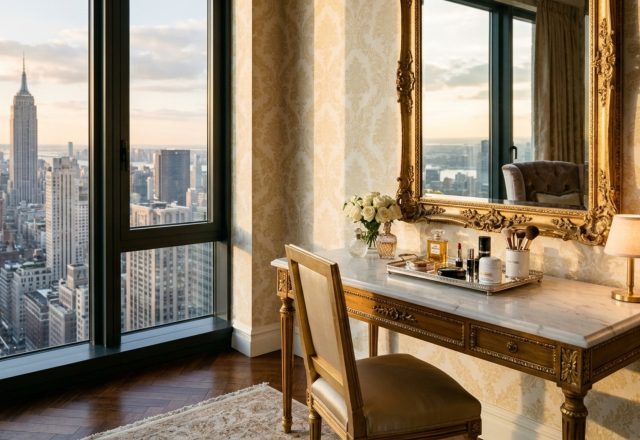 Gossip Girl interior design analysis featuring a Louis XVI mahogany vanity with a honed marble top and 3000K professional task lighting for an ergonomic morning routine.