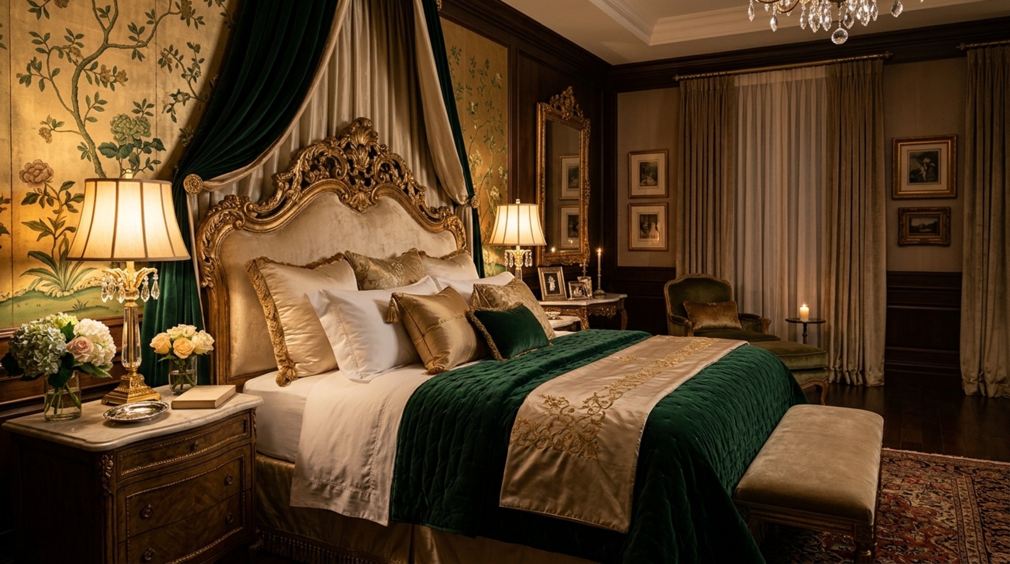 French Provincial bedroom aesthetic with a focus on tactile grounding through velvet upholstery and polished hardwood flooring. French Provincial bedroom aesthetic with a focus on tactile grounding through velvet upholstery and polished hardwood flooring.