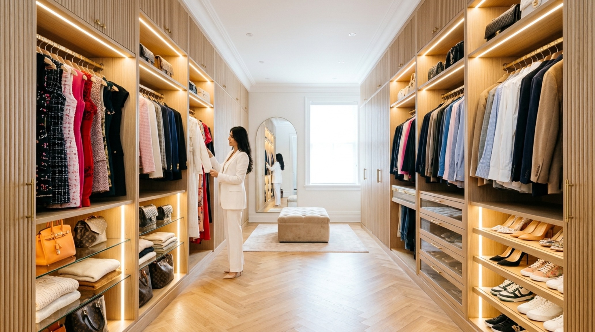 Upper East Side luxury bedroom ideas showcasing a high-density walk-in closet with fluted white oak millwork and integrated 92 CRI LED shelving. Upper East Side luxury bedroom ideas showcasing a high-density walk-in closet with fluted white oak millwork and integrated 92 CRI LED shelving.