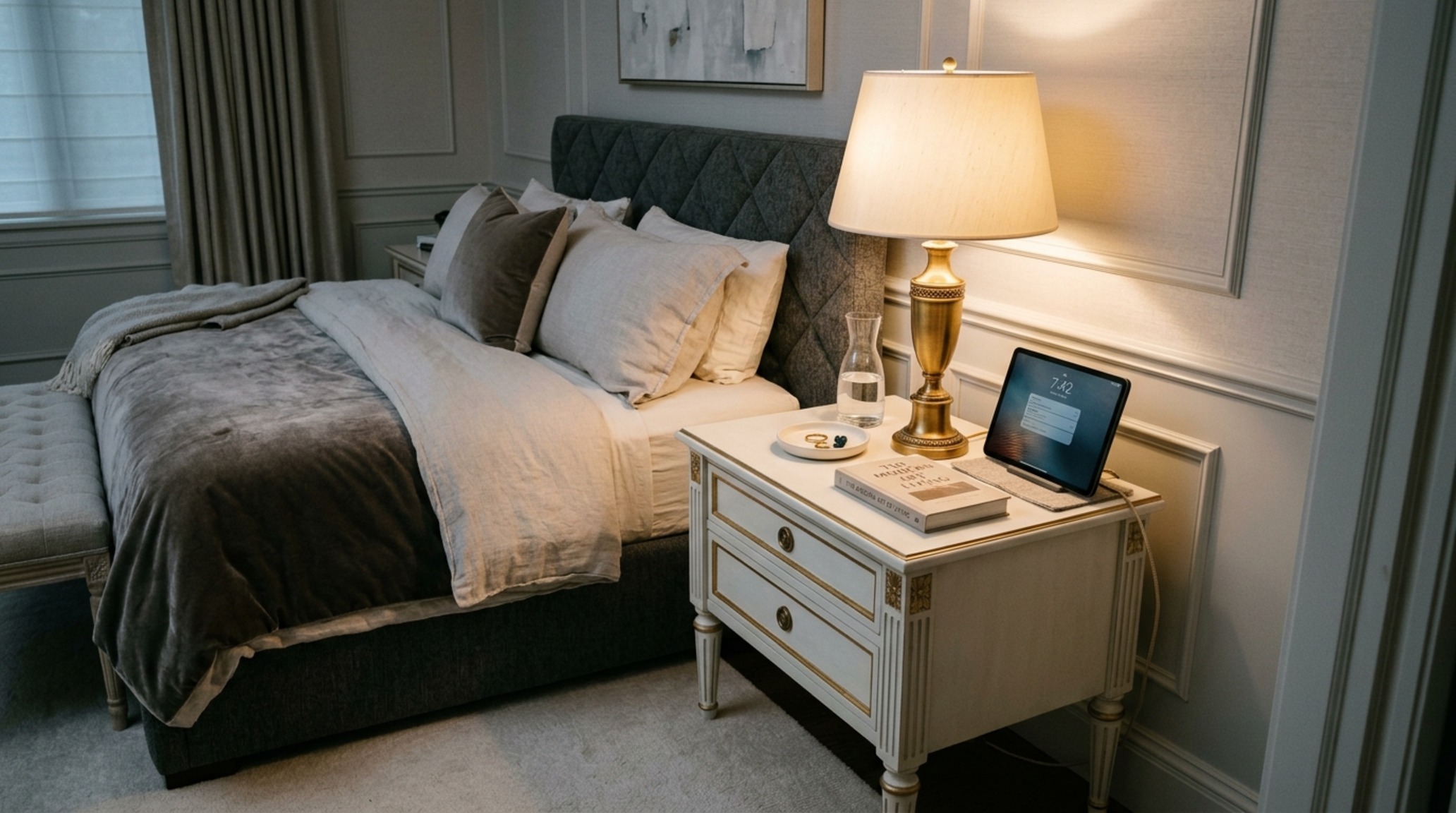 Louis XVI furniture for modern bedrooms including a refined nightstand with concealed cable management and 2700K warm ambient lighting. Louis XVI furniture for modern bedrooms including a refined nightstand with concealed cable management and 2700K warm ambient lighting.