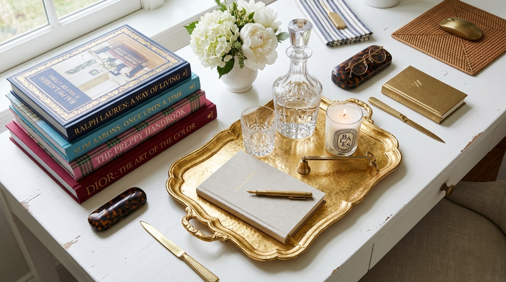 Preppy chic room makeover detail of a curated desk vignette with antique gold accents and architectural negative space breathing room. Preppy chic room makeover detail of a curated desk vignette with antique gold accents and architectural negative space breathing room.