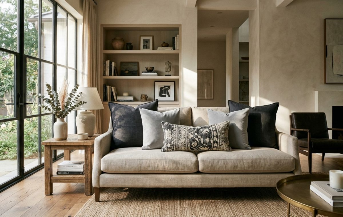 2-2-1 pillow rule applied to a neutral linen sofa with oversized 24-inch charcoal anchors and a central lumbar accent.