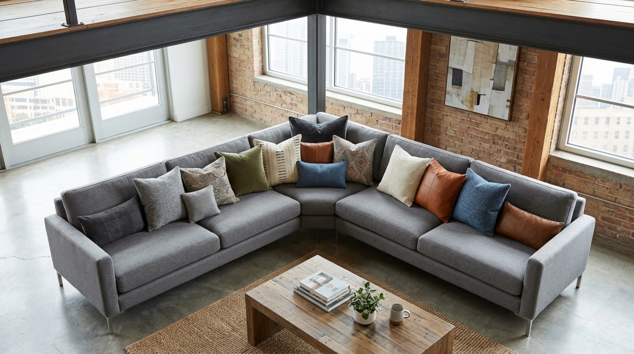 How to style pillows on a sectional in an open-concept living area to define separate functional zones through textile weight.