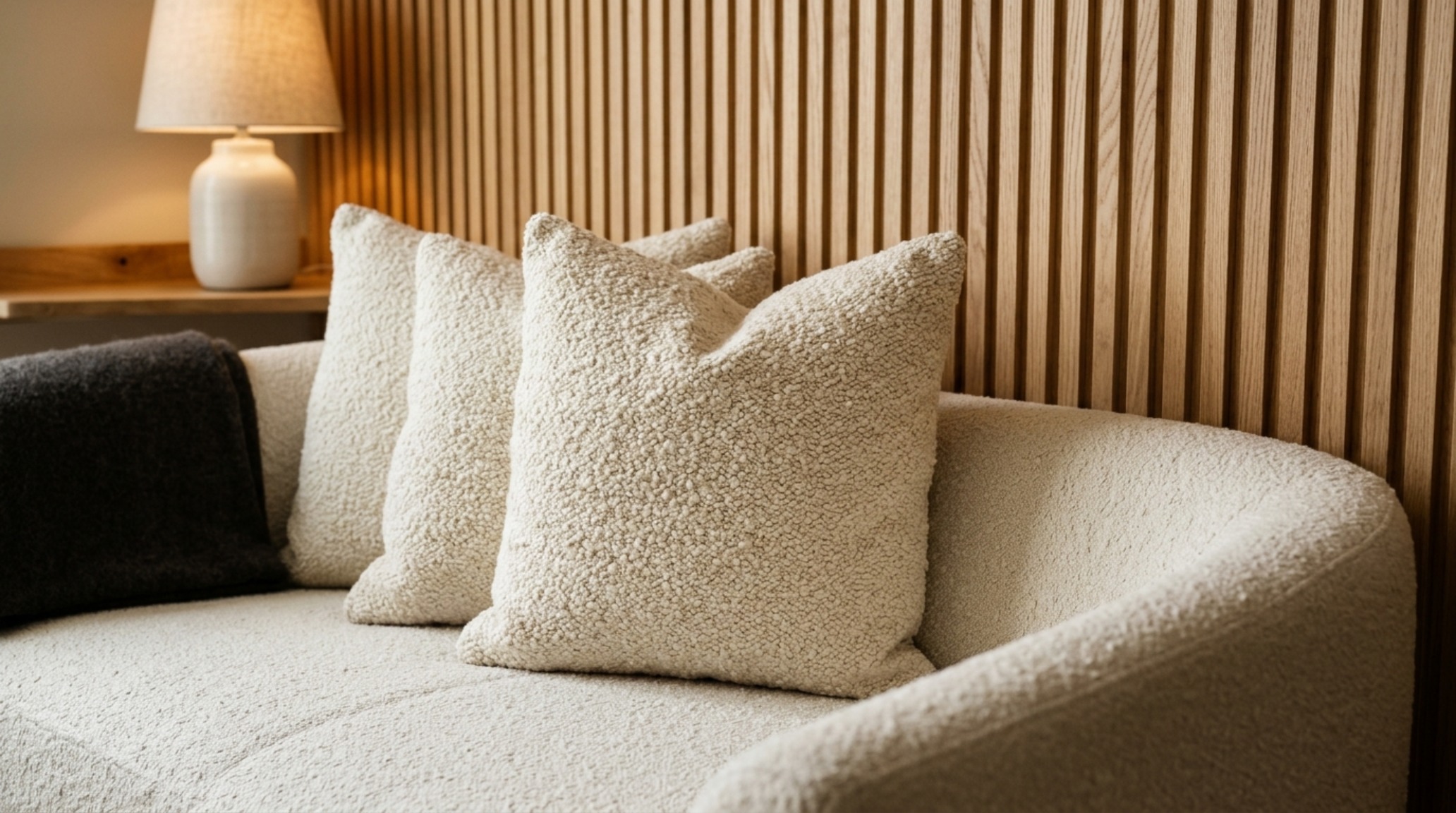Large sofa pillows in textured off-white bouclé grounding the corners of a deep-seated modern couch in a sun-drenched room.