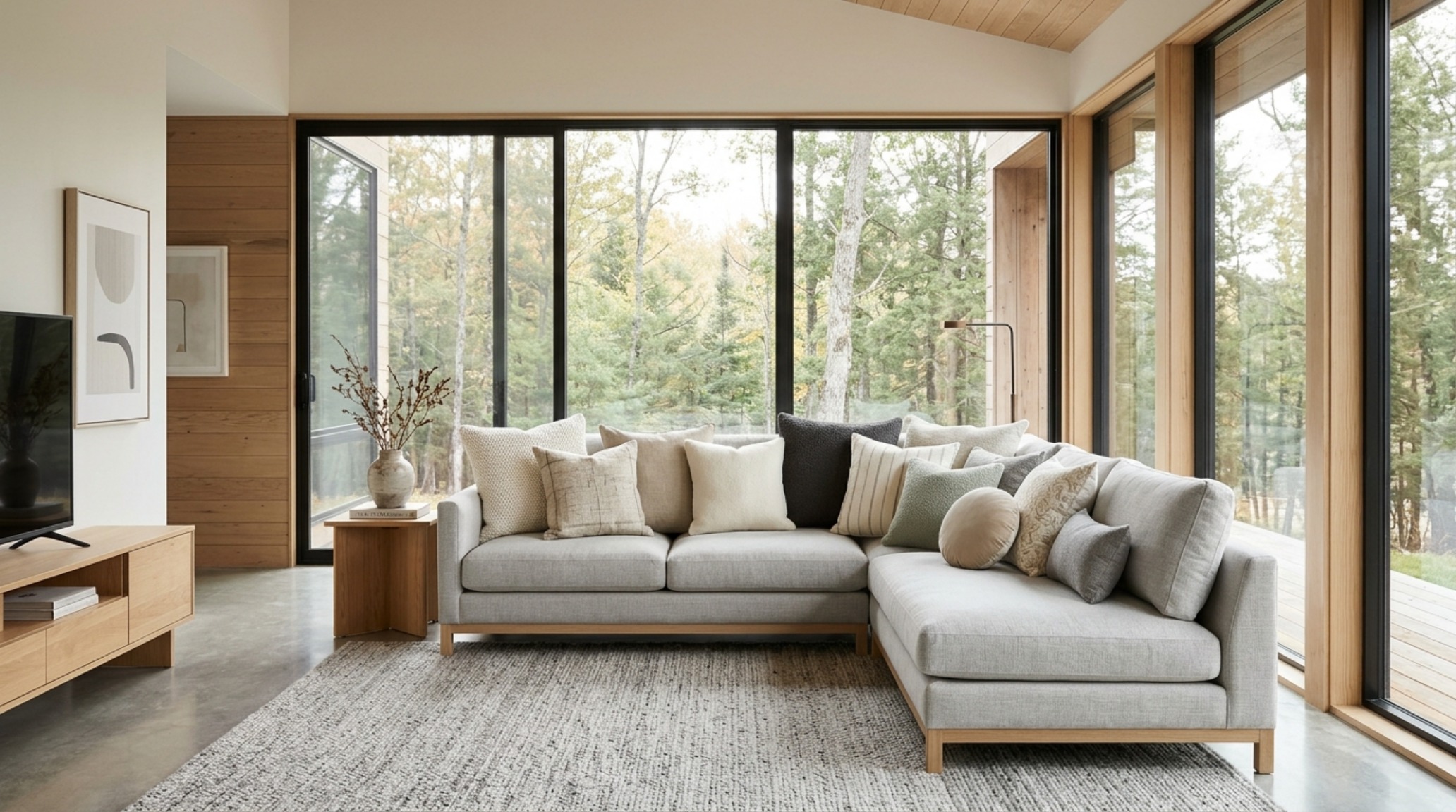 How to style pillows on a sectional by creating a voluminous corner cluster of graduated sizes to soften the architectural angle.