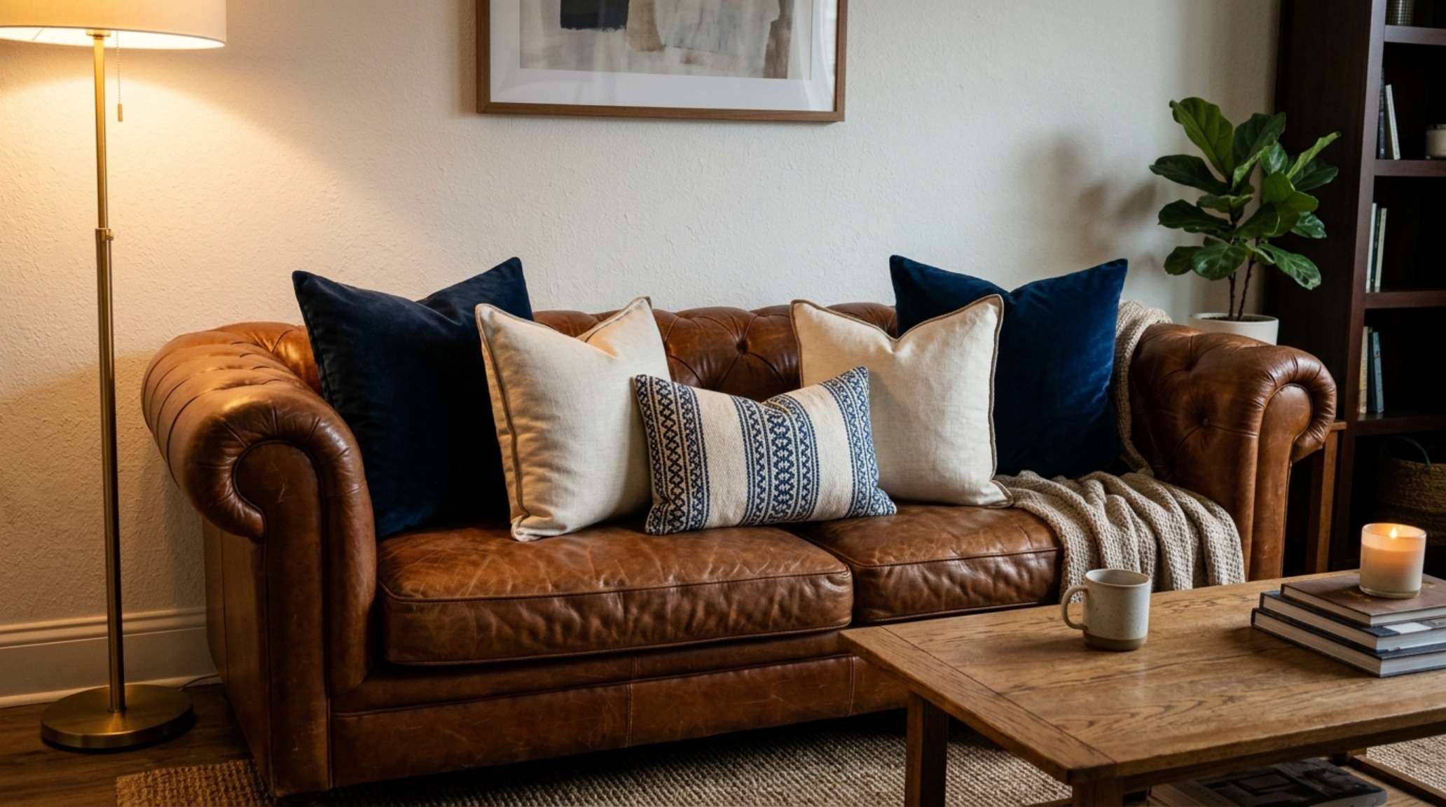 2-2-1 pillow rule demonstrated on a leather sofa with rich cognac tones and contrasting navy velvet pillows.