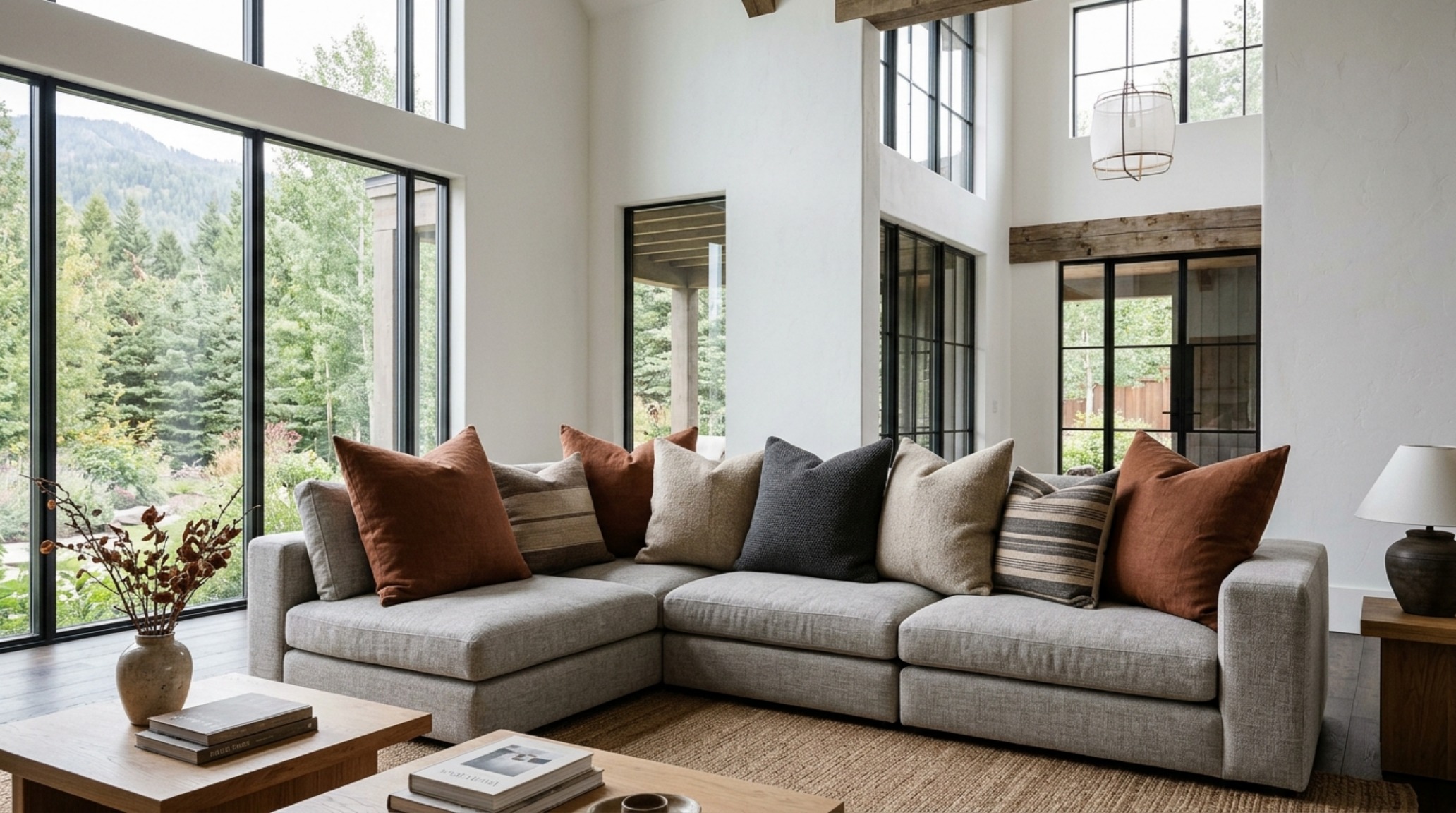 Large sofa pillows used as foundational elements on an 8-foot sofa to maintain visual scale against high ceilings.