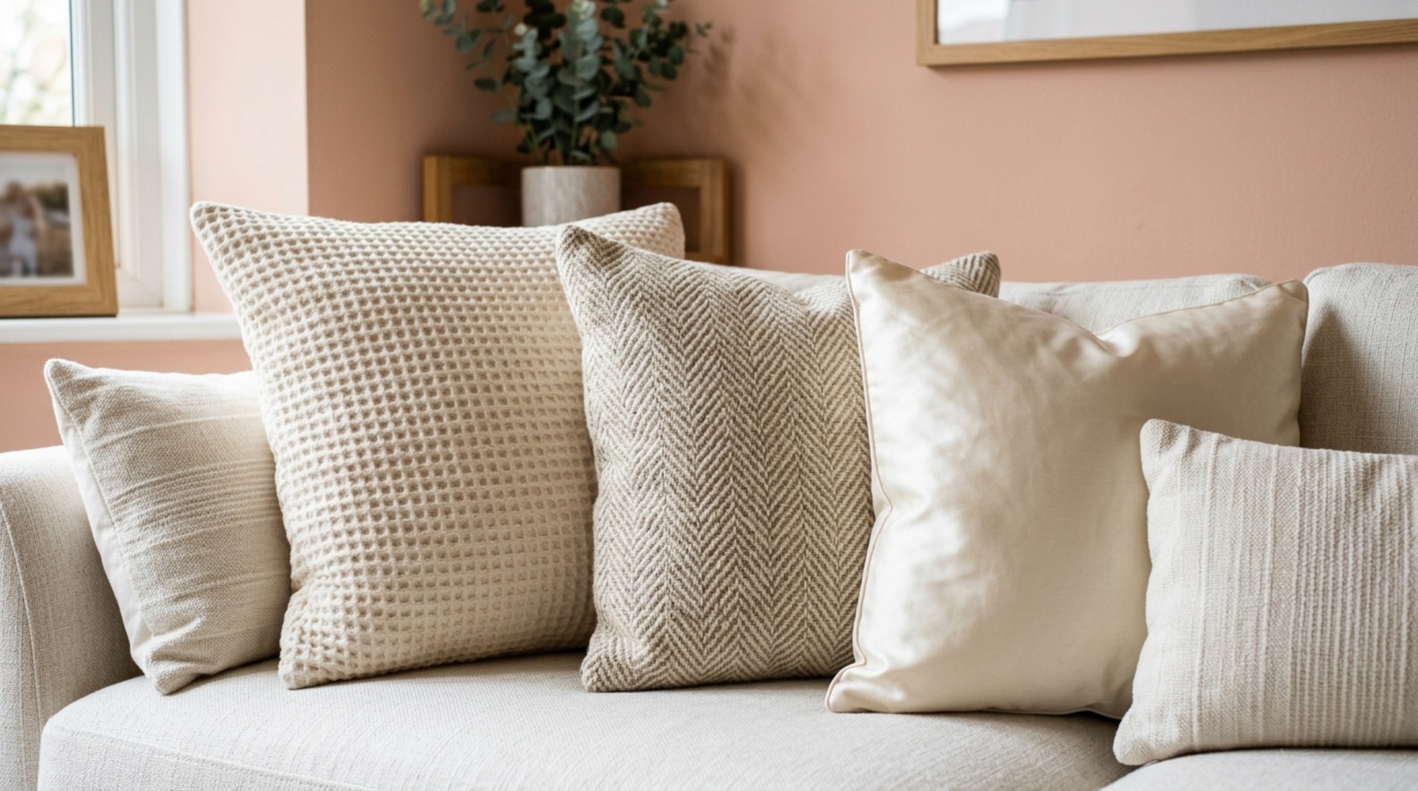 Mixing patterns on sofa with a focus on tonal harmony using Benjamin Moore Swiss Coffee and Soft Chamois shades.