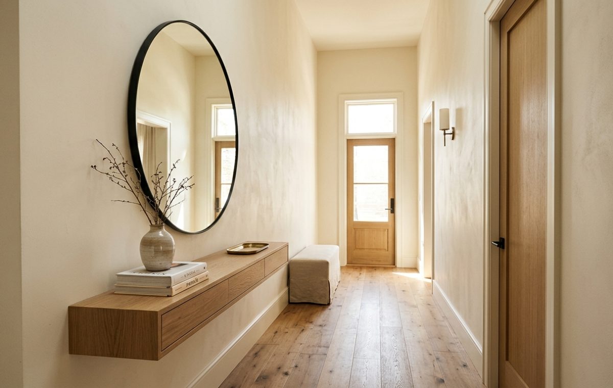A bright, narrow entryway using architectural ghosting with Benjamin Moore Swiss Coffee walls and a slim floating console table to create an illusion of space.