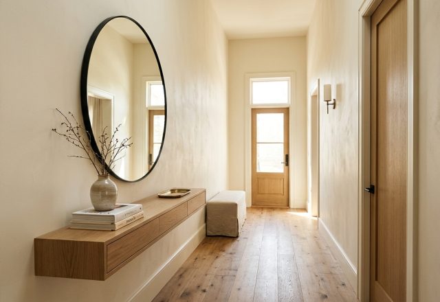 A bright, narrow entryway using architectural ghosting with Benjamin Moore Swiss Coffee walls and a slim floating console table to create an illusion of space.