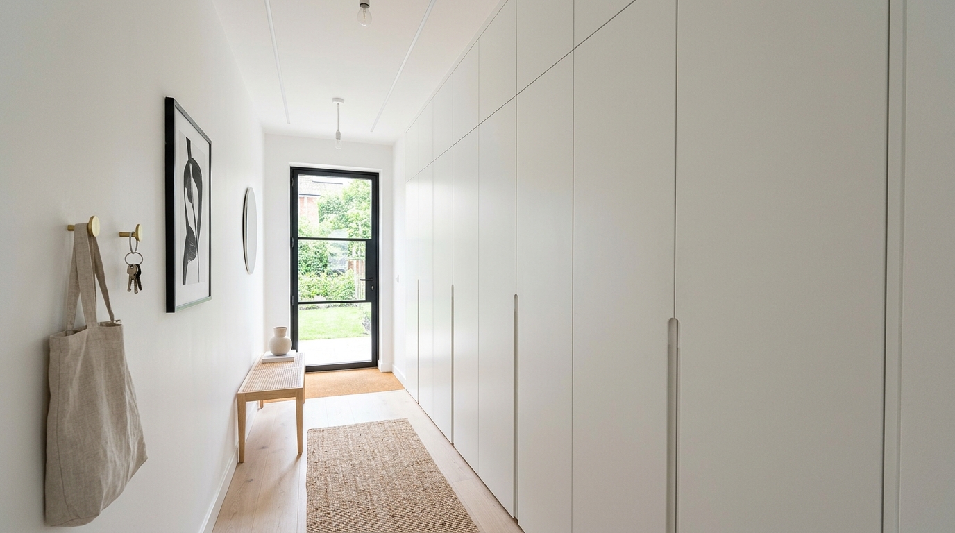 A narrow corridor layout with integrated hidden storage solutions and a seamless handleless closet design. A narrow corridor layout with integrated hidden storage solutions and a seamless handleless closet design.