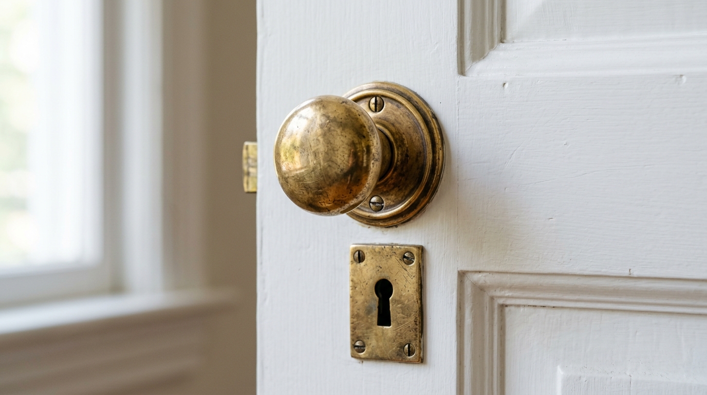 Detail shot of knurled brass door hardware against a Swiss Coffee satin-finish door in a renovated hallway. Detail shot of knurled brass door hardware against a Swiss Coffee satin-finish door in a renovated hallway.