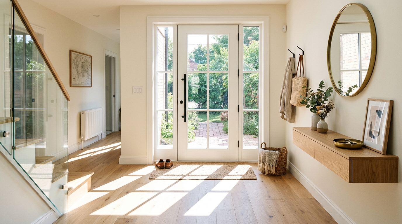 Natural sunlight streaming through a glass-paneled front door into a narrow foyer with light oak flooring. Natural sunlight streaming through a glass-paneled front door into a narrow foyer with light oak flooring.