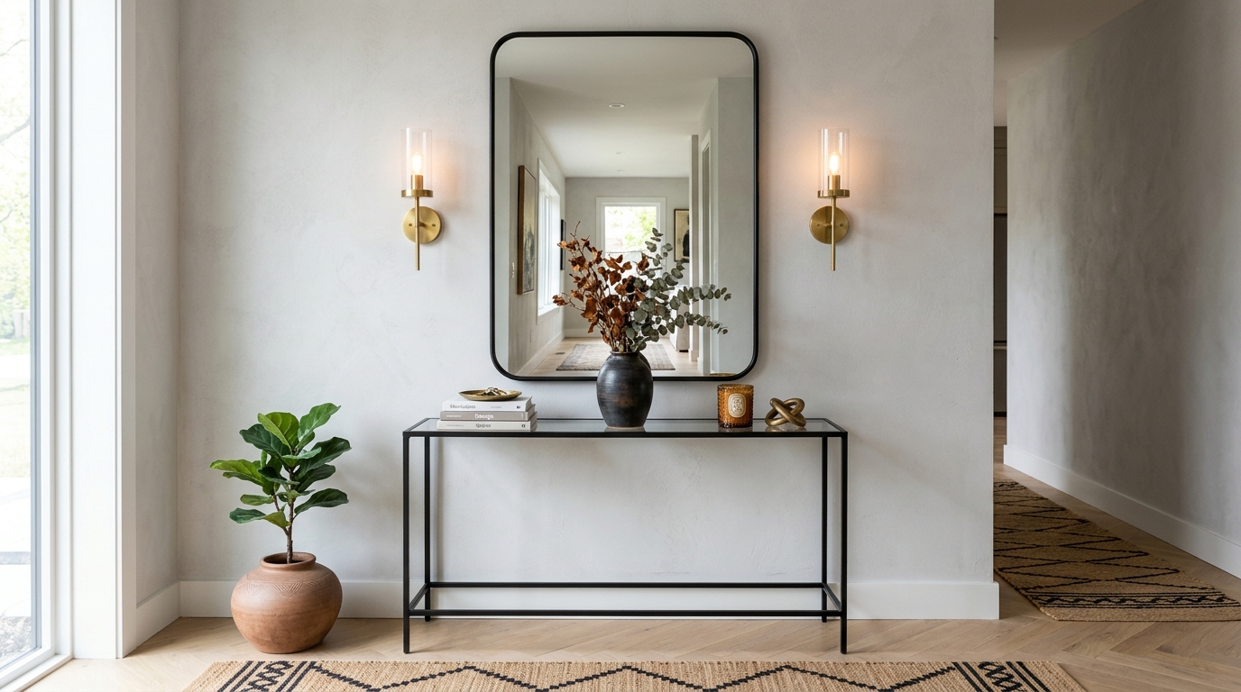Symmetry in a narrow entryway design with twin wall sconces framing an oversized circular mirror above a console. Symmetry in a narrow entryway design with twin wall sconces framing an oversized circular mirror above a console.