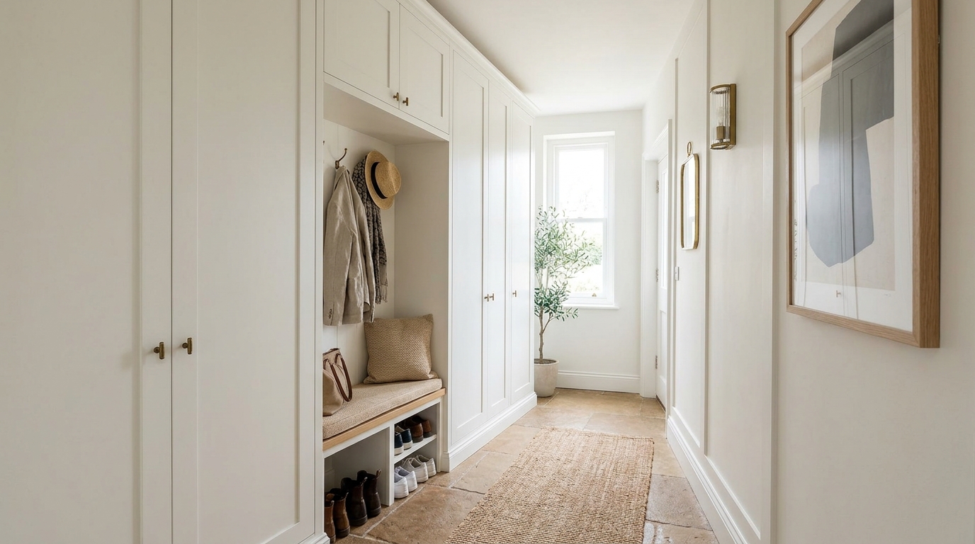 Architectural ghosting technique applied to a narrow mudroom with floor-to-ceiling cabinetry painted the same color as the walls. Architectural ghosting technique applied to a narrow mudroom with floor-to-ceiling cabinetry painted the same color as the walls.