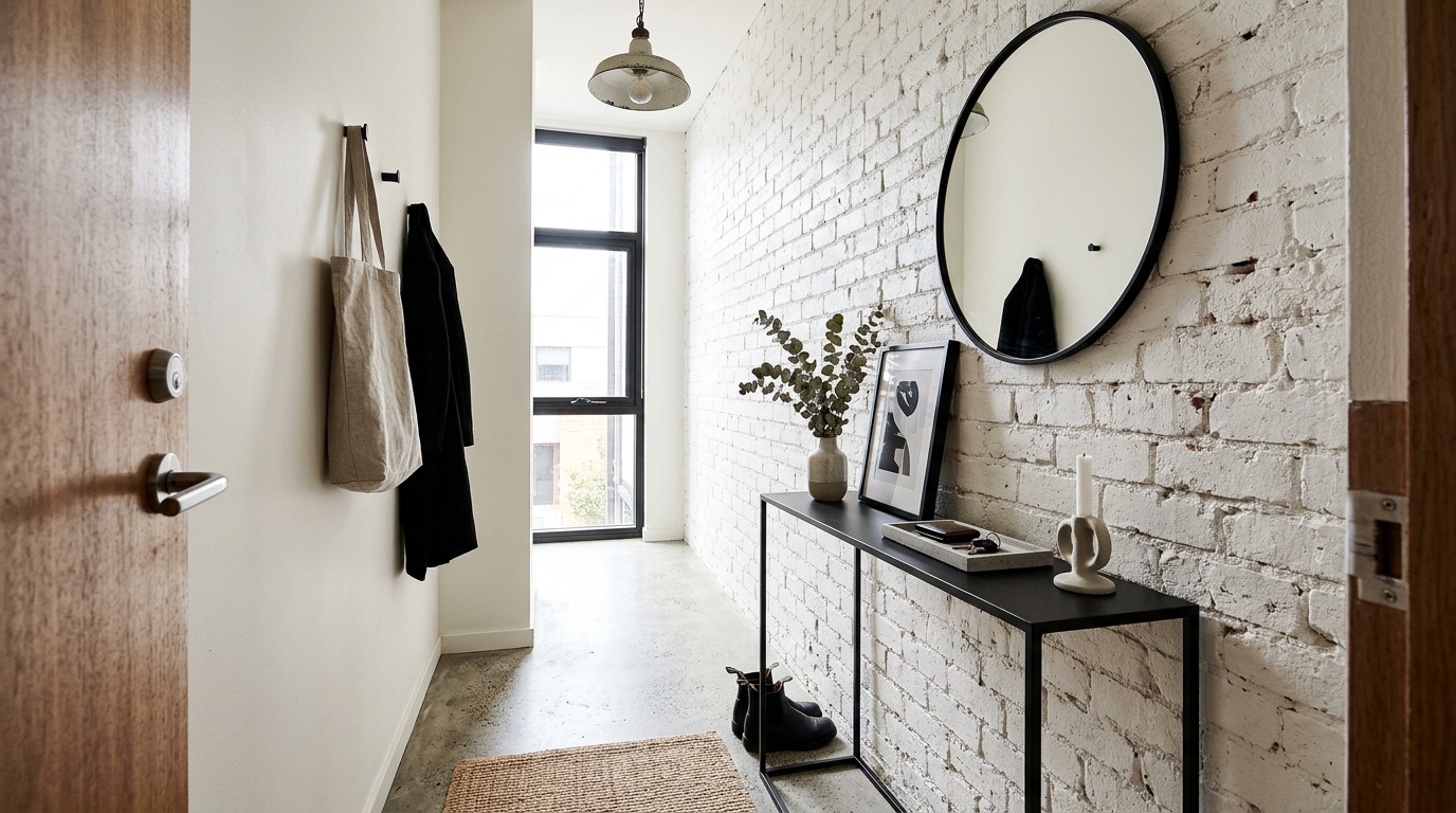 Industrial-inspired small foyer featuring exposed brick painted white and a slim matte black console table. Industrial-inspired small foyer featuring exposed brick painted white and a slim matte black console table.