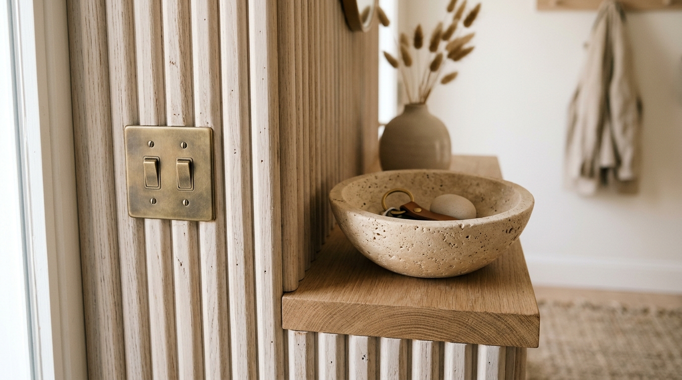 Close-up of tactile materials in an entryway featuring DIY fluted white oak wall paneling and a honed travertine stone catch-all bowl. Close-up of tactile materials in an entryway featuring DIY fluted white oak wall paneling and a honed travertine stone catch-all bowl.