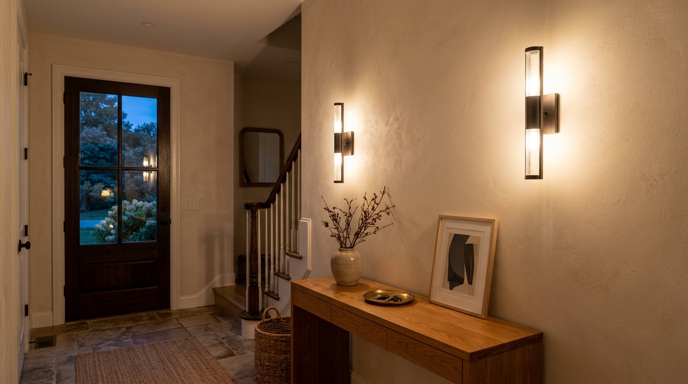 Atmospheric lighting in a small foyer with 2700K warm wall sconces casting soft shadows on textured plaster walls. Atmospheric lighting in a small foyer with 2700K warm wall sconces casting soft shadows on textured plaster walls.
