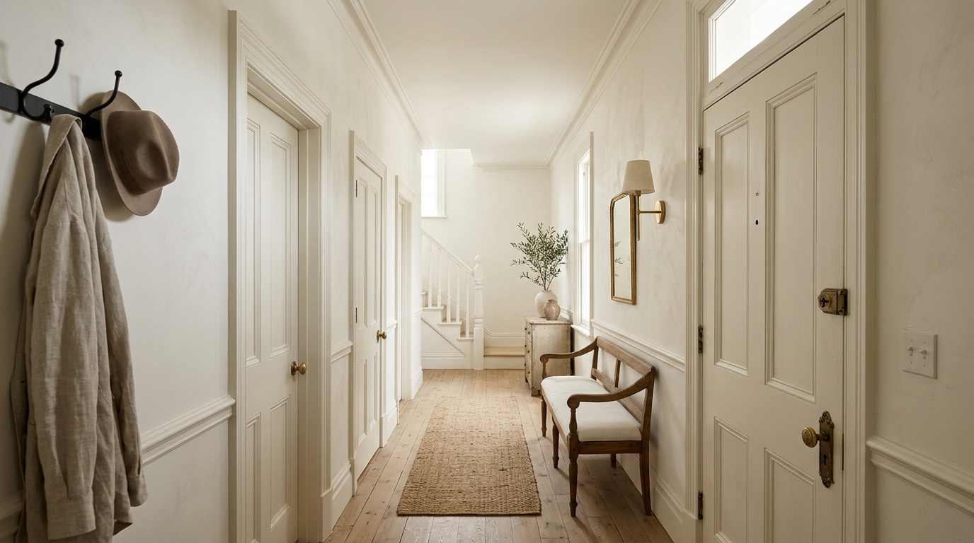 A small hallway makeover showcasing tone-on-tone color drenching with off-white walls and matching painted trim and doors. A small hallway makeover showcasing tone-on-tone color drenching with off-white walls and matching painted trim and doors.