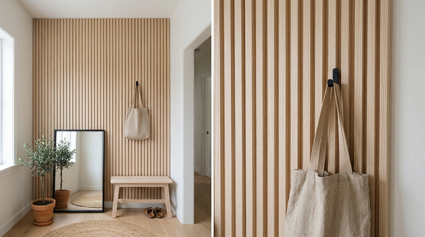 Entryway renovation budget focus on a DIY fluted wood accent wall and a black metal narrow console table with minimalist styling. Entryway renovation budget focus on a DIY fluted wood accent wall and a black metal narrow console table with minimalist styling.