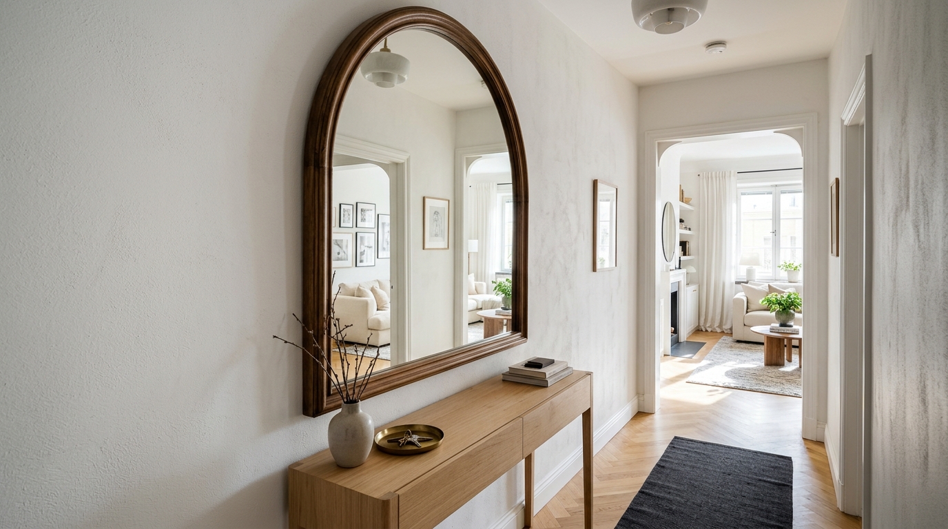 Foyer spatial design using a tall arched mirror to reflect light from a nearby window, doubling the perceived width of the corridor. Foyer spatial design using a tall arched mirror to reflect light from a nearby window, doubling the perceived width of the corridor.